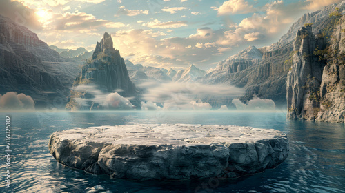 Stone podium in floating style: towering mountains as backdrop © Dzenka