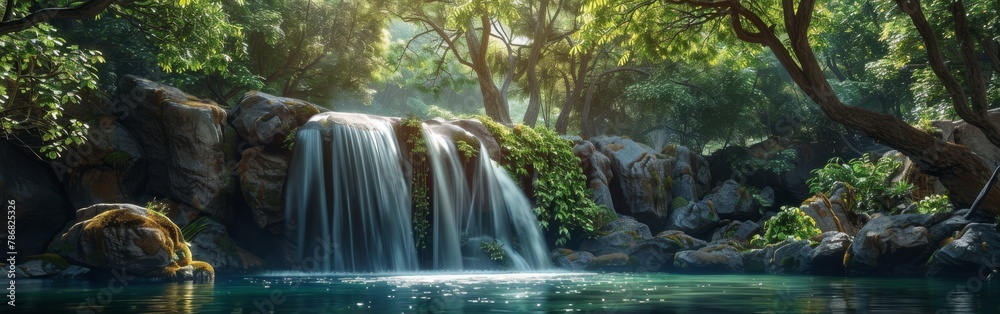 Obraz premium A waterfall is flowing into a pond in a lush green forest. The water is clear and calm, and the trees surrounding the pond are tall and green. The scene is peaceful and serene
