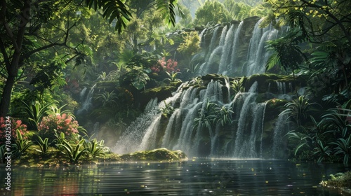 A detailed painting showcasing a majestic waterfall flowing through a lush jungle environment. The vibrant greens of the foliage contrast against the cascading water  creating a dynamic and captivatin