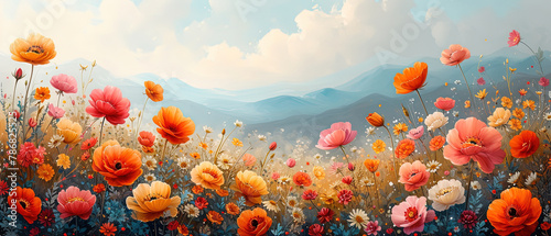 a painting of a field of flowers with mountains in the background © Masum