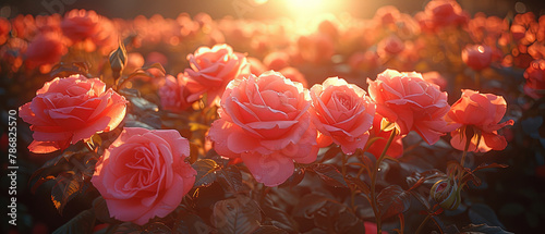 a many pink roses in a field with the sun setting photo