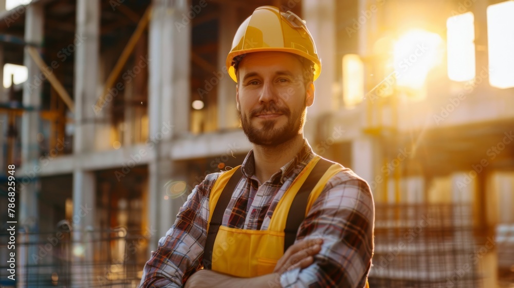 A man wearing a yellow vest and a hard hat is standing in front of a building. He is smiling and looking at the camera A man wearing a yellow vest and a hard hat is standing in front of a building. He is smiling and looking at the camera