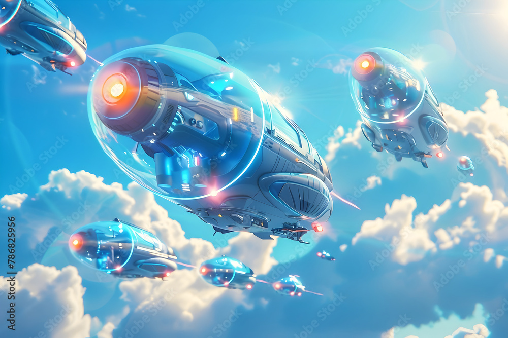 Futuristic Transport Capsules Hovering in Bright Blue Sky with Clouds Futuristic Transport Capsules Hovering in Bright Blue Sky with Clouds