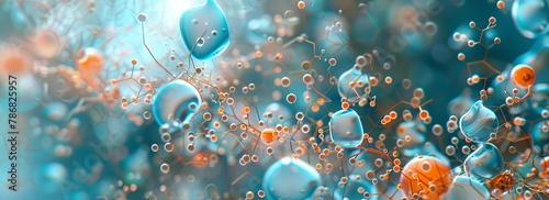 Multiple bubbles of varying sizes floating in the air, reflecting light and colors. The bubbles appear to be translucent and spherical, moving upwards in a random pattern. photo