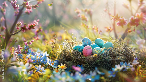 Craft an enchanting scene where a nest of vibrant Easter eggs rests in a clearing surrounded by a profusion of pastel-colored flowers