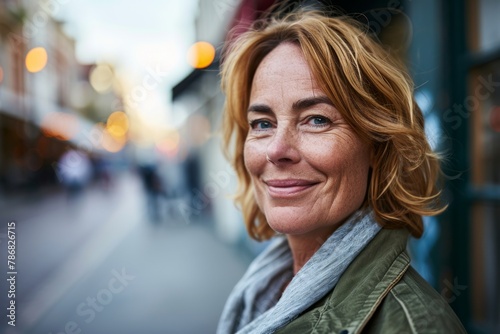 Portrait of a middle-aged woman in a city street.