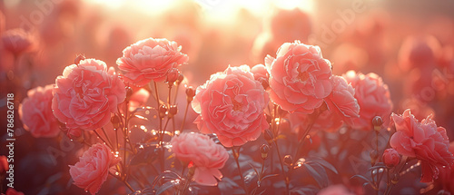 a many pink flowers in a field with the sun shining photo