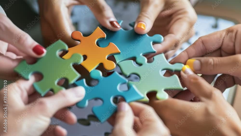 Hands work together to assemble vivid blue, yellow, red and green puzzle pieces. Fingers interlock the pieces, gradually completing the puzzle. Hands work together to assemble vivid blue, yellow, red and green puzzle pieces. Fingers interlock the pieces, gradually completing the puzzle.