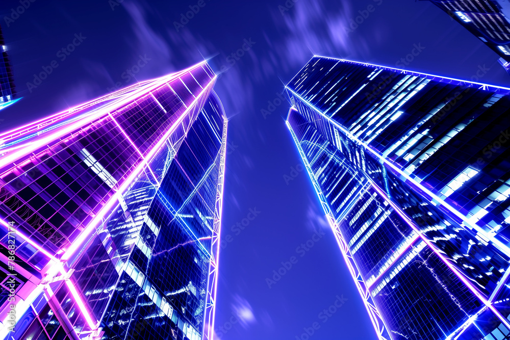 Fototapeta premium Admiring midnight symmetry of purple skyscraper lights in city skyline