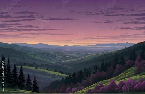 Panoramic view of mountain landscape with forest and hill under violet sky with dawn and clouds - vector © Rafli