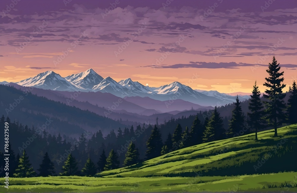 Panoramic view of mountain landscape with forest and hill under violet sky with dawn and clouds - vector Panoramic view of mountain landscape with forest and hill under violet sky with dawn and clouds - vector