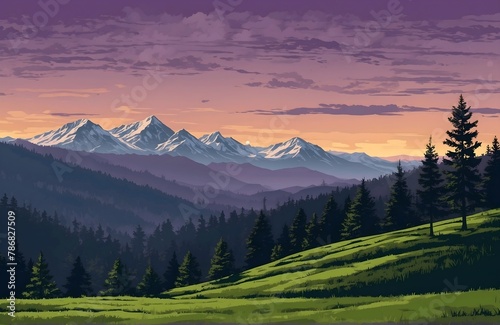 Panoramic view of mountain landscape with forest and hill under violet sky with dawn and clouds - vector