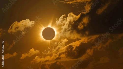 Brilliant solar eclipse with dramatic setting. A stunning view of a solar eclipse surrounded by powerful sunbeams  rays piercing through a dynamic setting  symbolizing awe and wonder