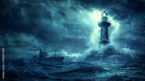 Illustration of ocean midnight landscape. Lighthouse in stormy weather and a ship.