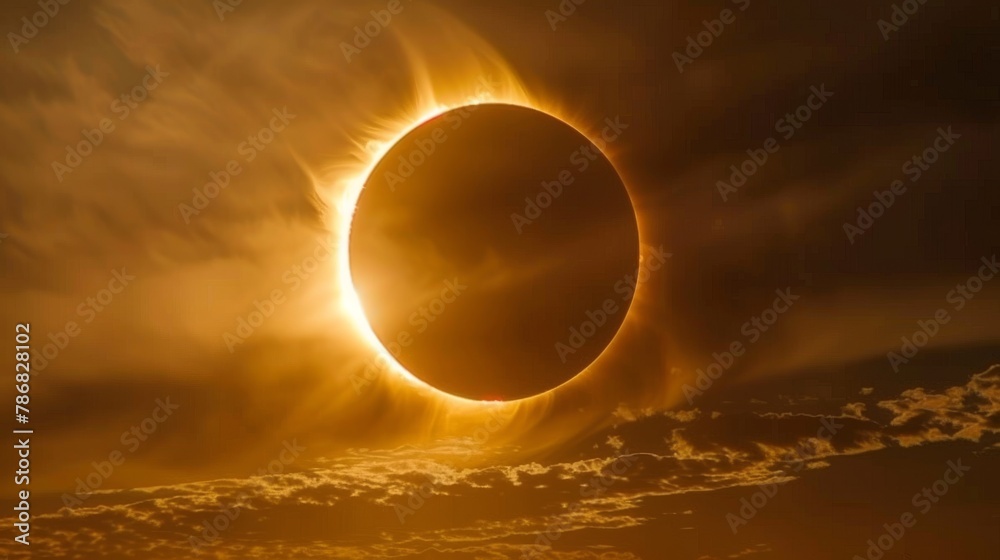 Obraz premium Brilliant solar eclipse with dramatic setting. A stunning view of a solar eclipse surrounded by powerful sunbeams, rays piercing through a dynamic setting, symbolizing awe and wonder