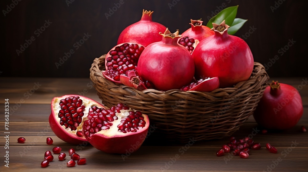 Ripe pomegranate fruit in a basket on wooden background Ripe pomegranate fruit in a basket on wooden background