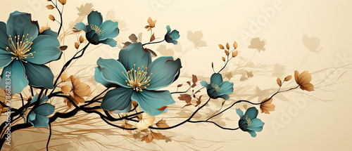 a painting of a blue flower with brown leaves photo