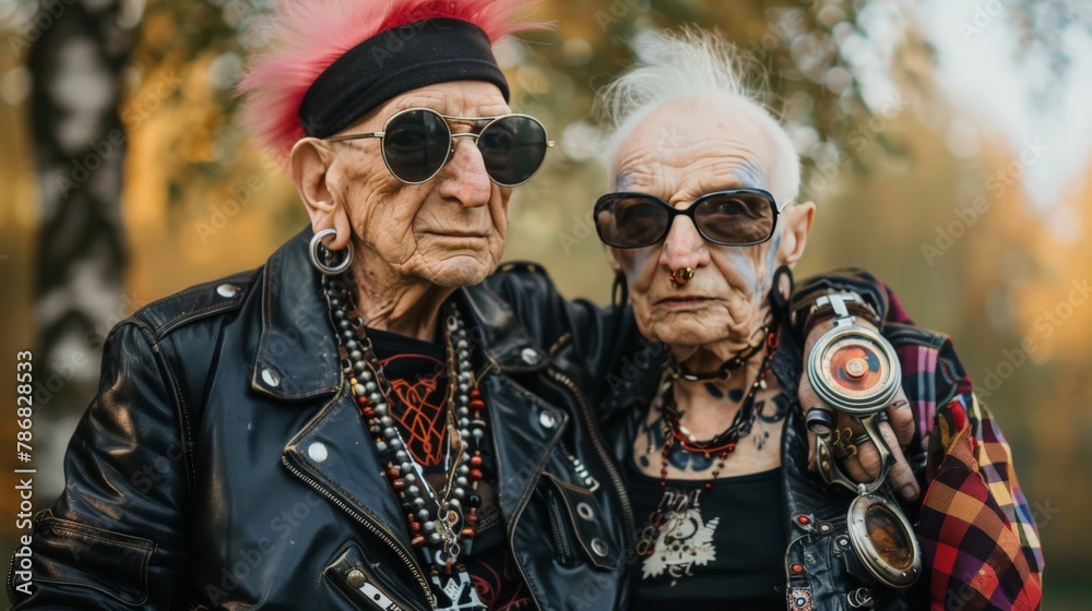 Elderly couple dressed in punk rock outfits, posing with attitude Elderly couple dressed in punk rock outfits, posing with attitude