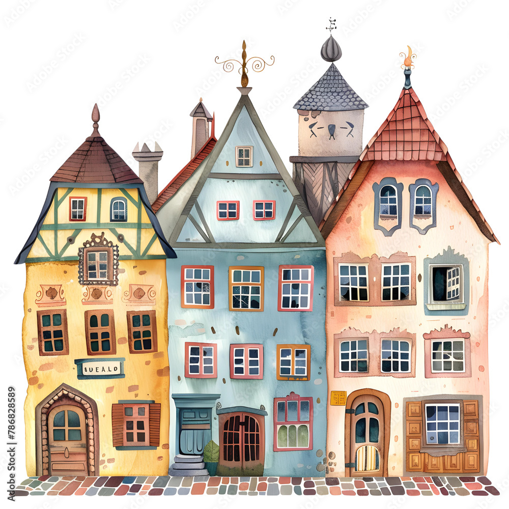 watercolor fairytale houses. Hand drawn