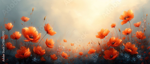 a many orange flowers in a field with a sun shining photo