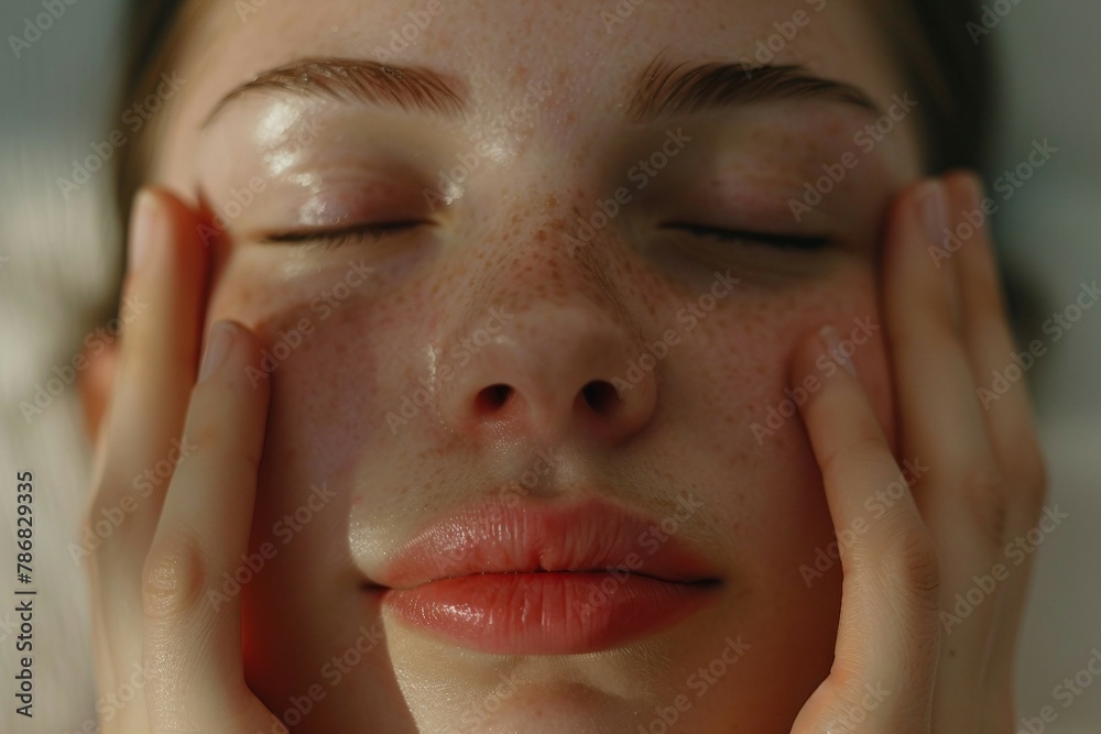 a close up of a person holding their hands to their face
