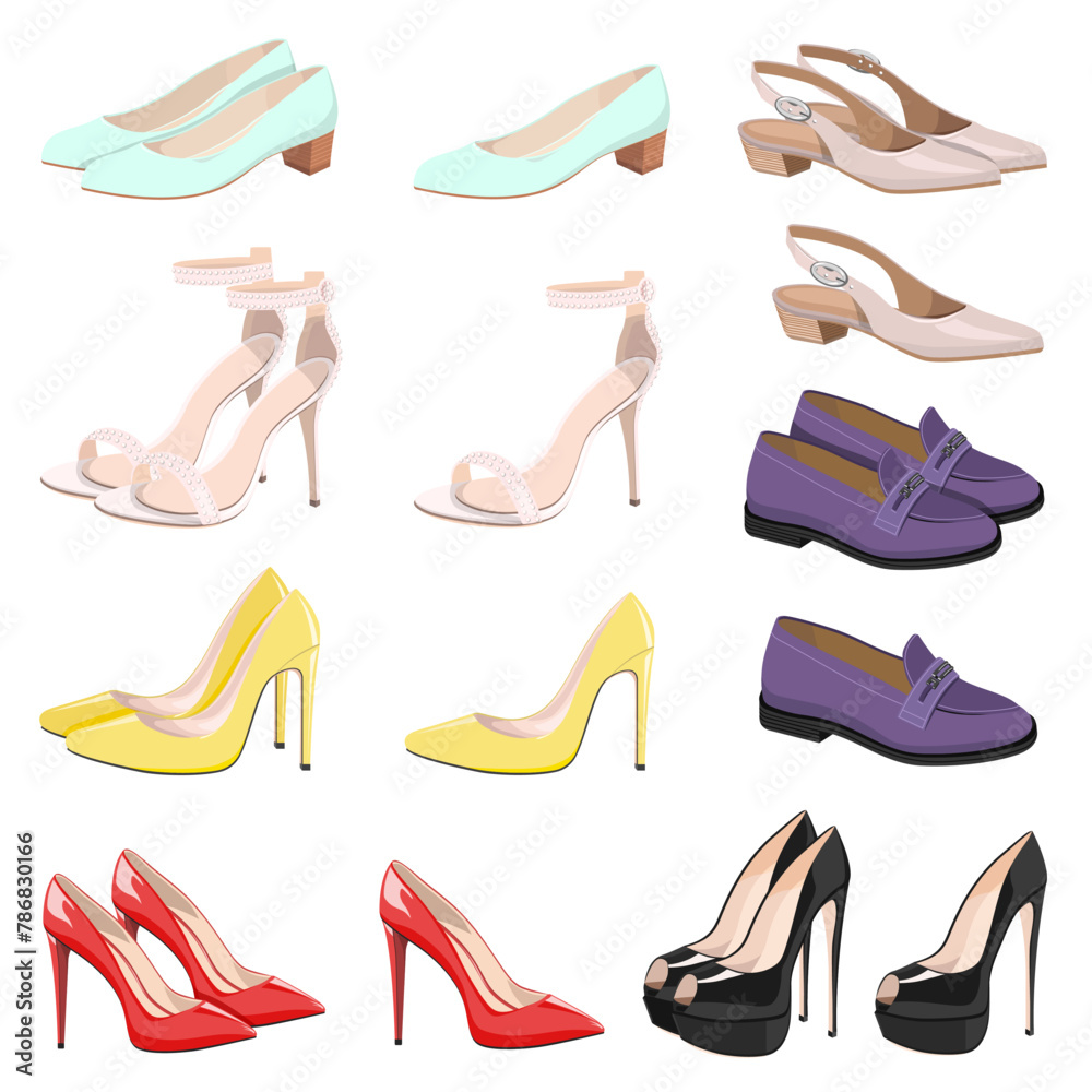 Collection of women's shoes, sandals, loafers, isolated on a white background. Vector set of women's shoes.