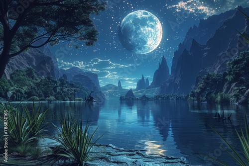 A moonlit lagoon where the water is a mirror to other worlds  showing visions of possible futures and pasts