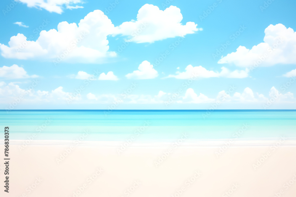 Summer beach scene, sea ​​blue sky cloud sunny summer 2d render