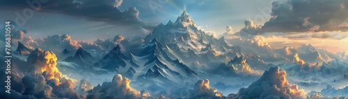 A mountain peak that pierces the heavens, home to gods and spirits who descend during celestial events photo