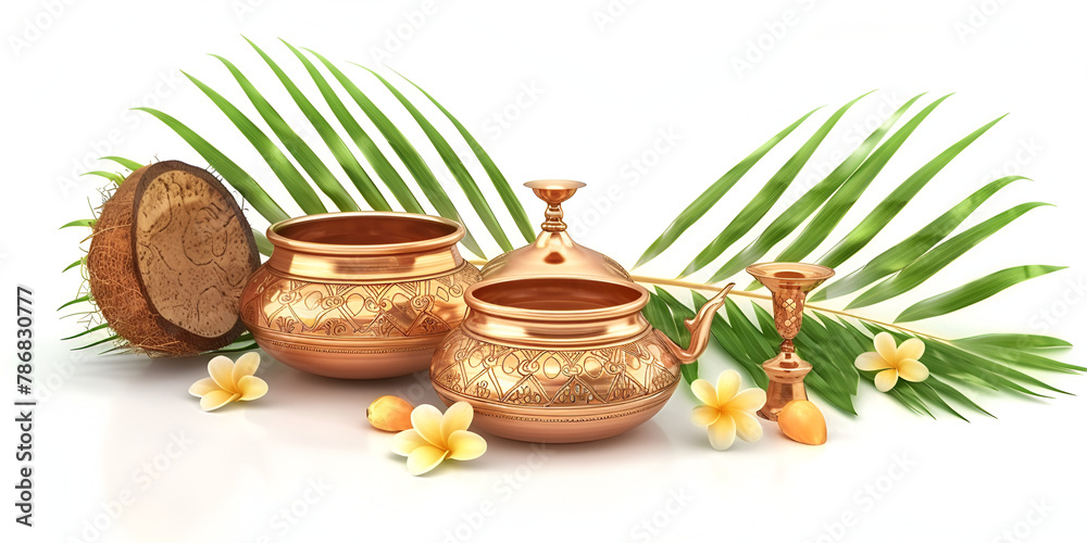 Festival decoration for worshipping and with vibrant flowers and leaves creating a sacred space with Copper and gold kalash with coconut for personal expressions white background.