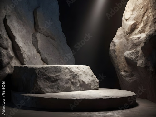 photo dark close up Stone podium with rock texture background and cinematic light
