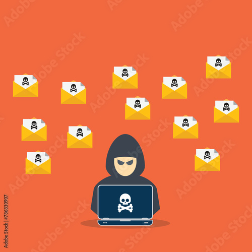 Hacker sending emails from laptop. Electronic mail spam. Data hacking via mail.