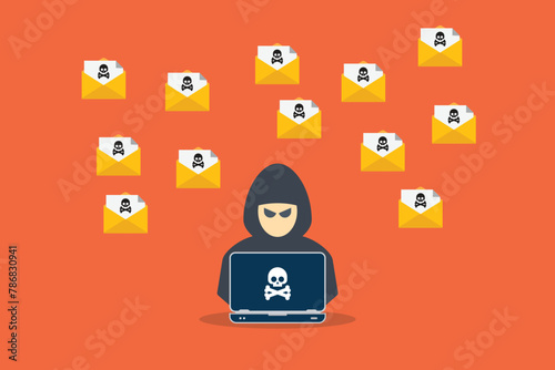 Hacker sending emails from laptop. Electronic mail spam. Data hacking via mail.