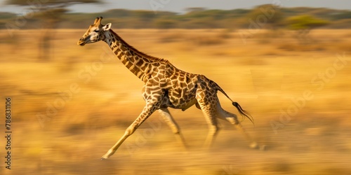 A giraffe running through a field of yellow grass