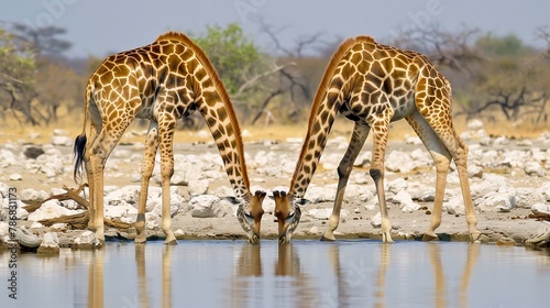 Two giraffes drinking water from a pond