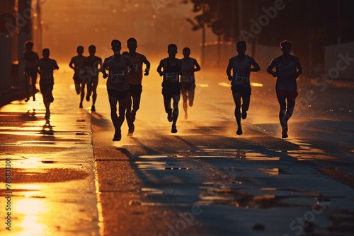 Marathon running race, people feet on city road at sunrise.