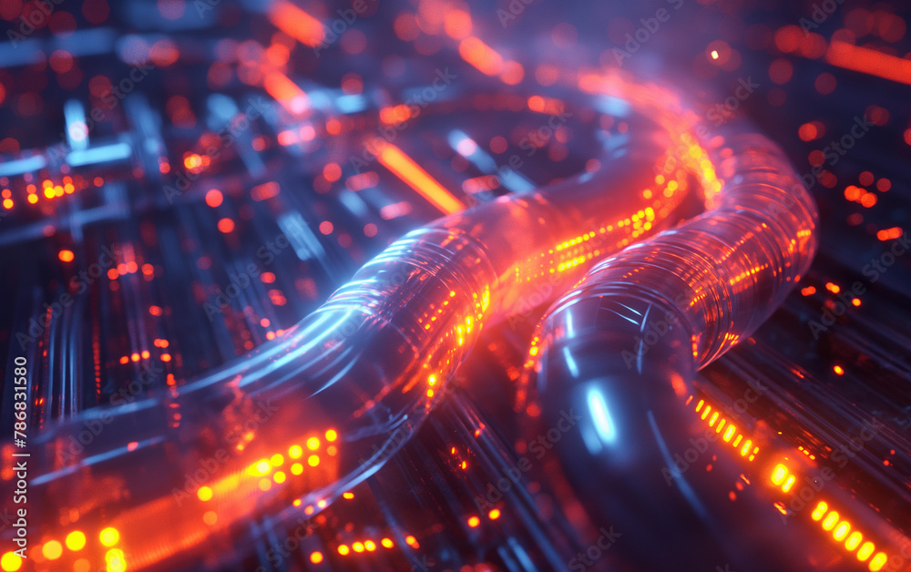 Glowing data fiber optic cables light while transferring data information, technology background.
Glowing data fiber optic cables light while transferring data information, technology background.