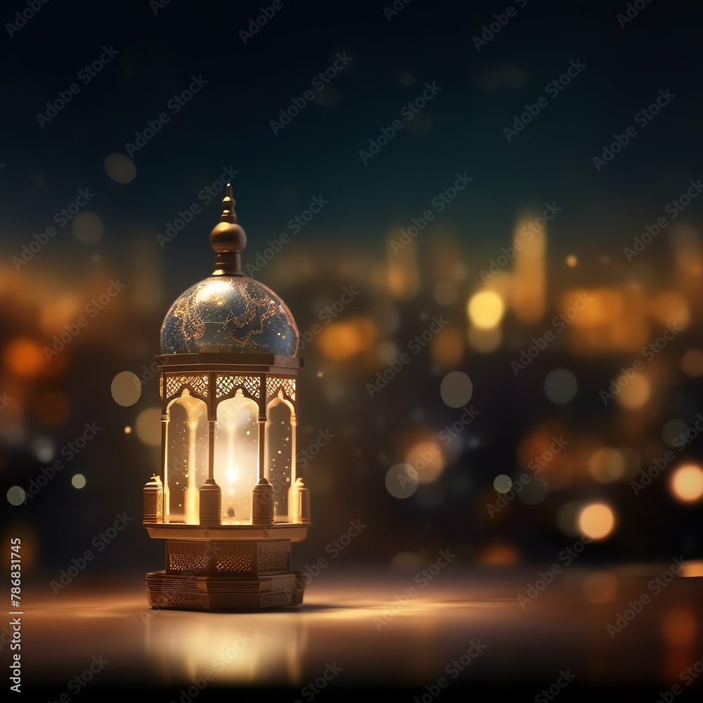 Fototapeta premium Eid mubarak and ramadan kareem greetings with islamic lantern and mosque. Eid al fitr background