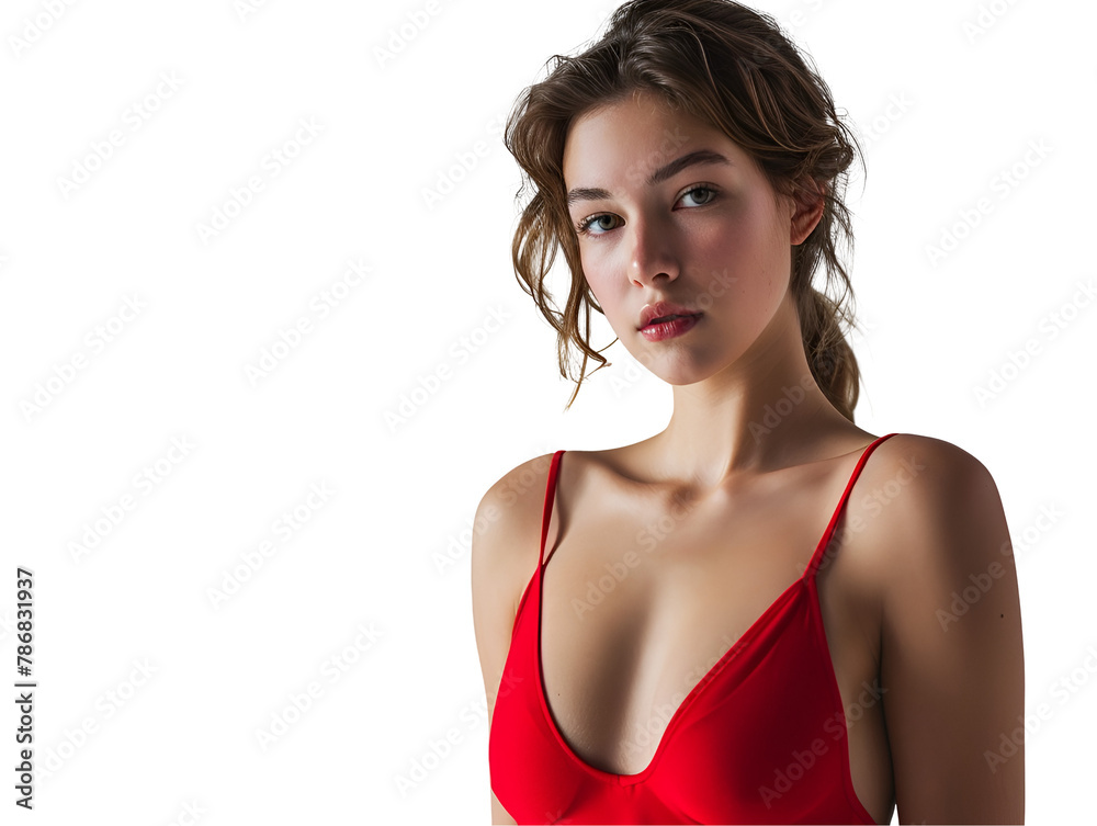 Young Fit in Red Swimsuit Isolated on Clear Gray Background