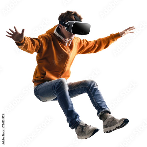 floating full young man wearing VR headset on transparency background PNG 