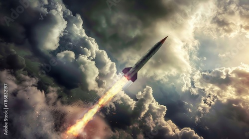 Dramatic scene of a missile launch from a launcher, aimed skyward with a backdrop of gathering clouds