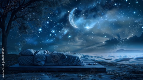 Cozy bed under a starry night sky, moonlight casting gentle shadows for a peaceful night's rest