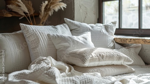 Comfort epitomized in an image of plush white pillows and gently folded blankets in a cozy corner
