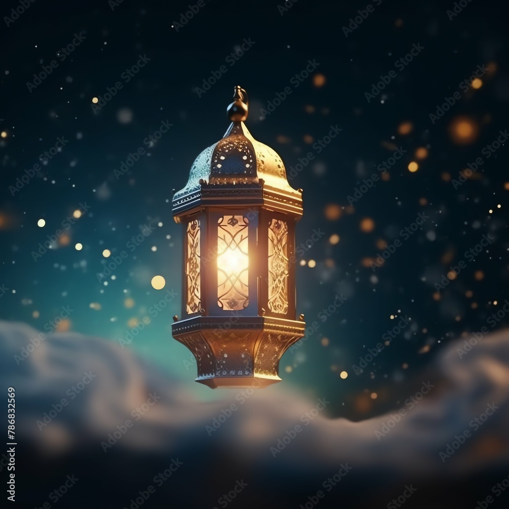 Eid mubarak and ramadan kareem greetings with islamic lantern and mosque. Eid al fitr background
