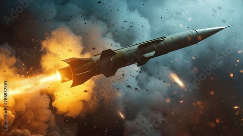 Close-up of a missile launcher firing a salvo into the sunset sky, embodying military precision and power