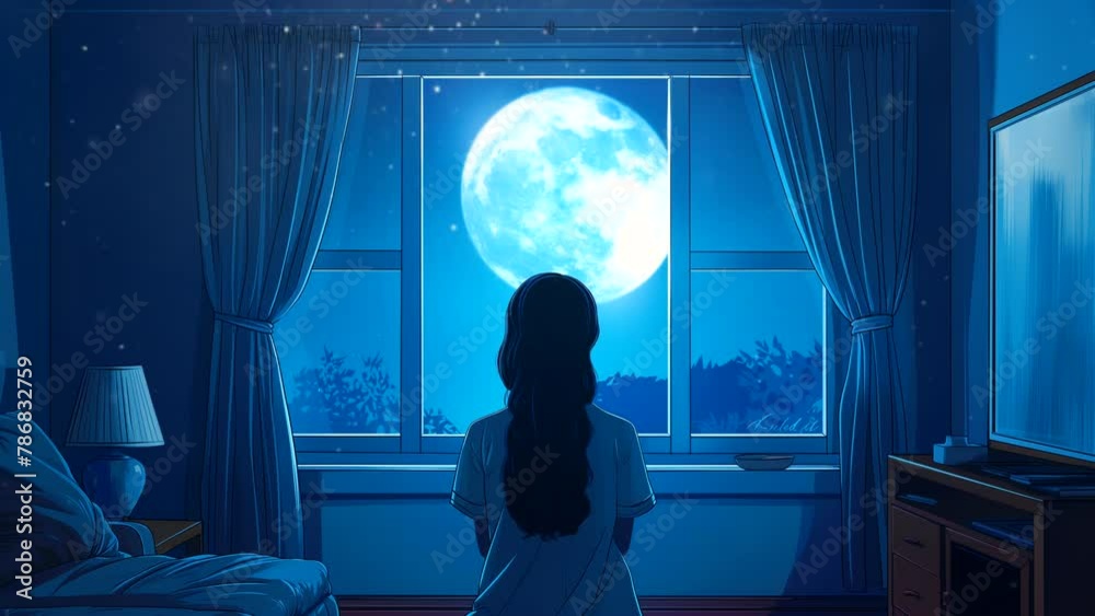 Lofi anime girl stands looking at the full moon at night in the room. seamless looping 4k time-lapse animation video background