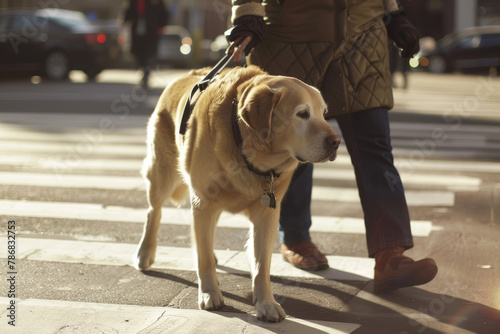A dog is walking across a crosswalk with a person holding its leash