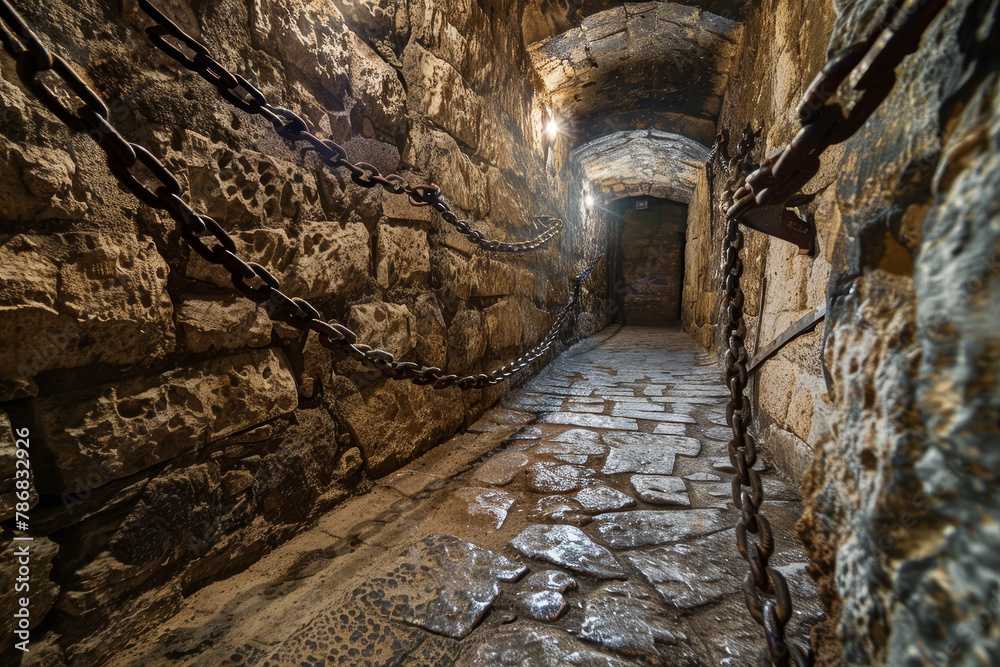 A long, narrow passage with chains hanging from the ceiling