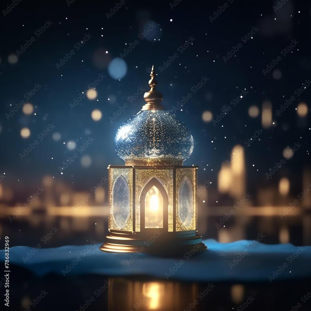 Obraz premium Eid mubarak and ramadan kareem greetings with islamic lantern and mosque. Eid al fitr background