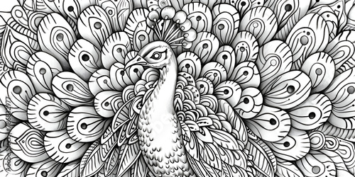 Decorative ornamental peacock Black and White of Majestic Peacock Unveiling Its Intricate Feathers elegant peacock coloring page in exquisite style.